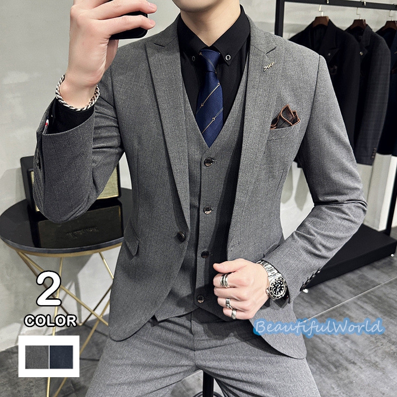 スーツ メンズ おしゃれ スーツセットアップ 3ピーススーツ ビジネススーツ ボーダー柄 スリム カジュアルスーツ フォーマルスーツ 洗える 紳士服 通勤 結婚式