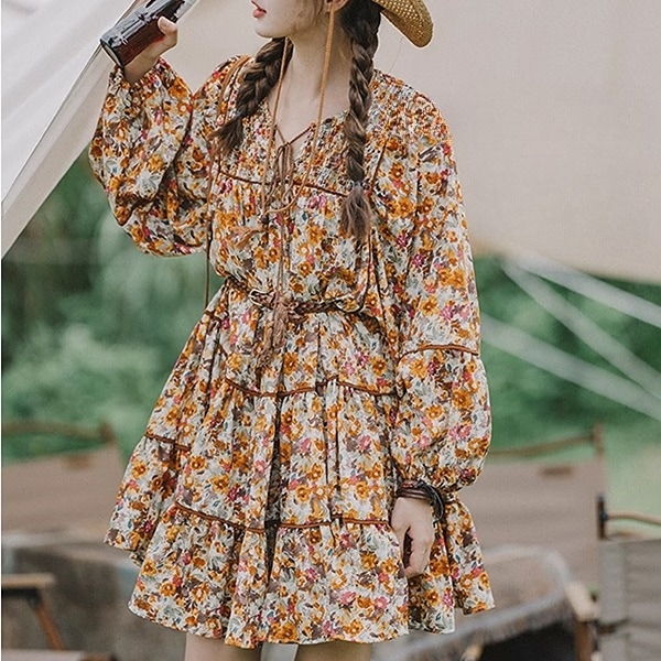 ボヘミアンランタンスリーブスリムドレス レディース スカート トップス ワンピース アウター ミニ 膝上 長袖 バルーン袖 ランタンスリーブ スクエアネック 襟なし ノーカラー ワイド Aライン