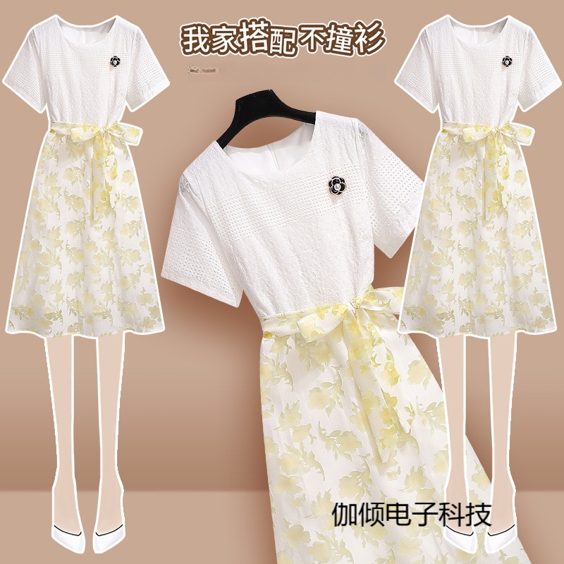 2025スプレッチサマーウエストぴったりの気質フレンチ大サイズの女性のハイエンドの短袖脂肪mmルーズソーシャルドレスが年齢を減らす