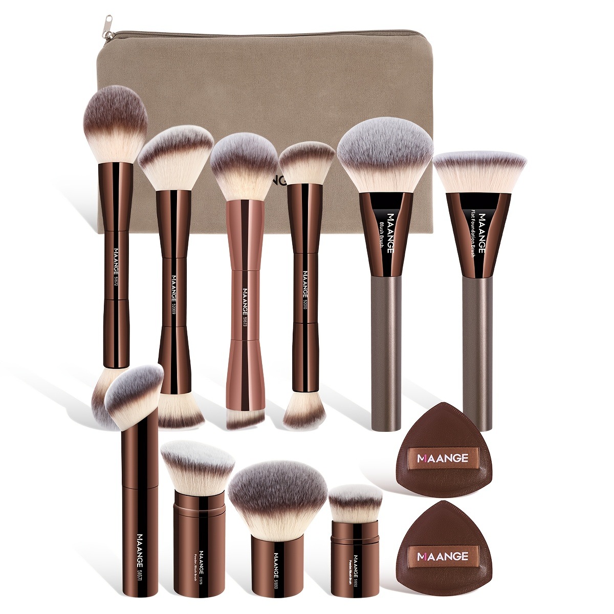 MAANGE プロフェッショナルメイクアップキット 13点セットアルミ製メイクブラシ10本＆ベルベットジッパーバッグ＆三角形パウダーパフファンデーションブラシコントラーブラシパウダーブラシ伸縮式メイク