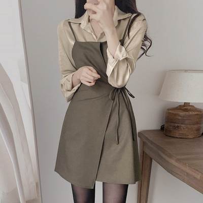 セットアップ 2点セット ワンピース ブラウス レディース 個性的 ミニ丈 長袖 無地 茶色 S M L XL 薄手 お洒落 大人可愛い ガーリー レトロ 膝上 Aライン リボン 巻きスカ