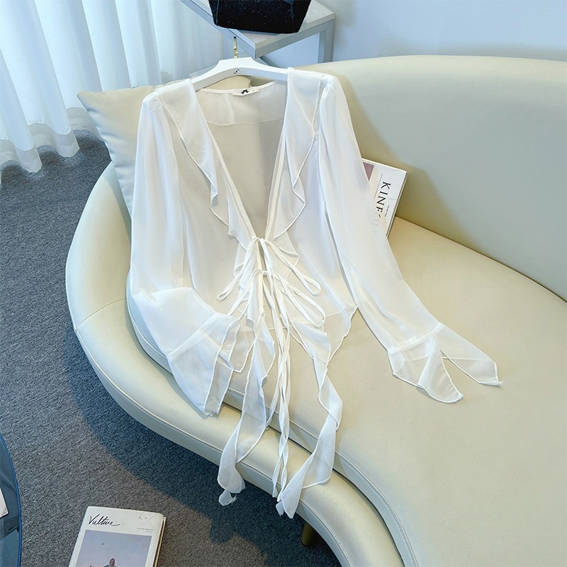 カーディガン レディース トップス シャツ ショート 長袖 Vネック フリル リボン 前開き 透け感 薄手 かわいい きれいめ おしゃれ こなれ感 個性的 主役級 存在感 抜け感 都会的 無地 春 夏