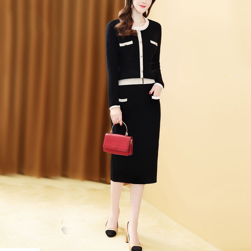 モノトーン配色 ニットスーツ セットアップ 2点セット トップス スカート スーツ 膝丈 ひざ丈 長袖 ラウンドネック タイト ウエストマーク 可愛い きれいめ 上品 おしゃれ レトロ