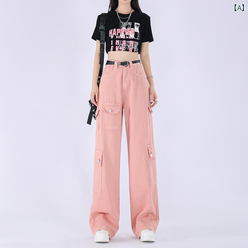 カーゴパンツ レディース カジュアル ハイウエスト アメリカン 秋冬 ストレート ワイドパンツ 薄手 ポケット 韓国 ピンク