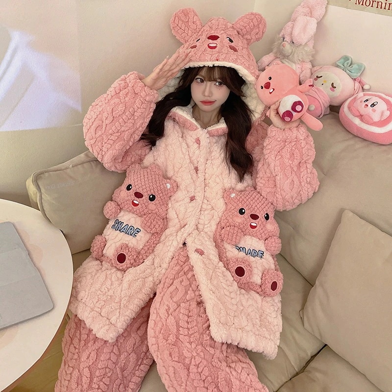 通学 珊瑚絨毯三重綿パジャマ女性秋冬厚手加絨毯かわいいカートゥーンルビーバスローブスリーパーウェア 保育園 小学部
