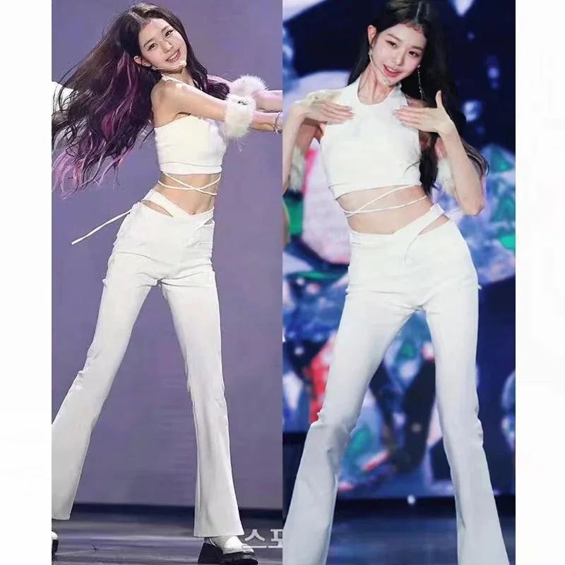 Ive Zhang Yuanying ホワイト ホルターネック サスペンダー ベル パンツ ダンス パフォーマンス スーツ