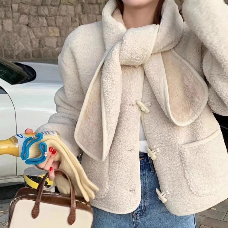 韓国のの優しい老化を軽減するラウンドネックのホーンボタンのデザイン大きなポケット多用途の長袖ジャケット+スカーフ女性用