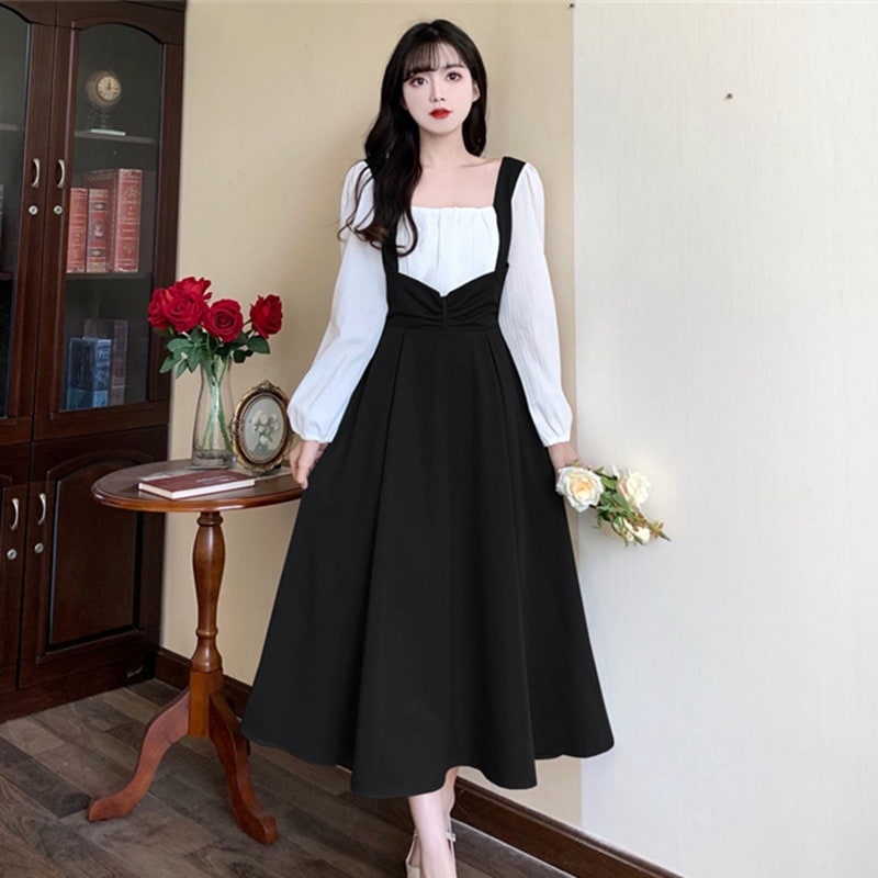 ワンピース フレアスカート ワンピドレス 膝下 ミモレ ミモレ丈 長袖 Uネック スリム タイト 細身 ペプラム 切り替えデザイン チュール 伸縮性 ドッキング かわいい 大人可愛い きれいめ