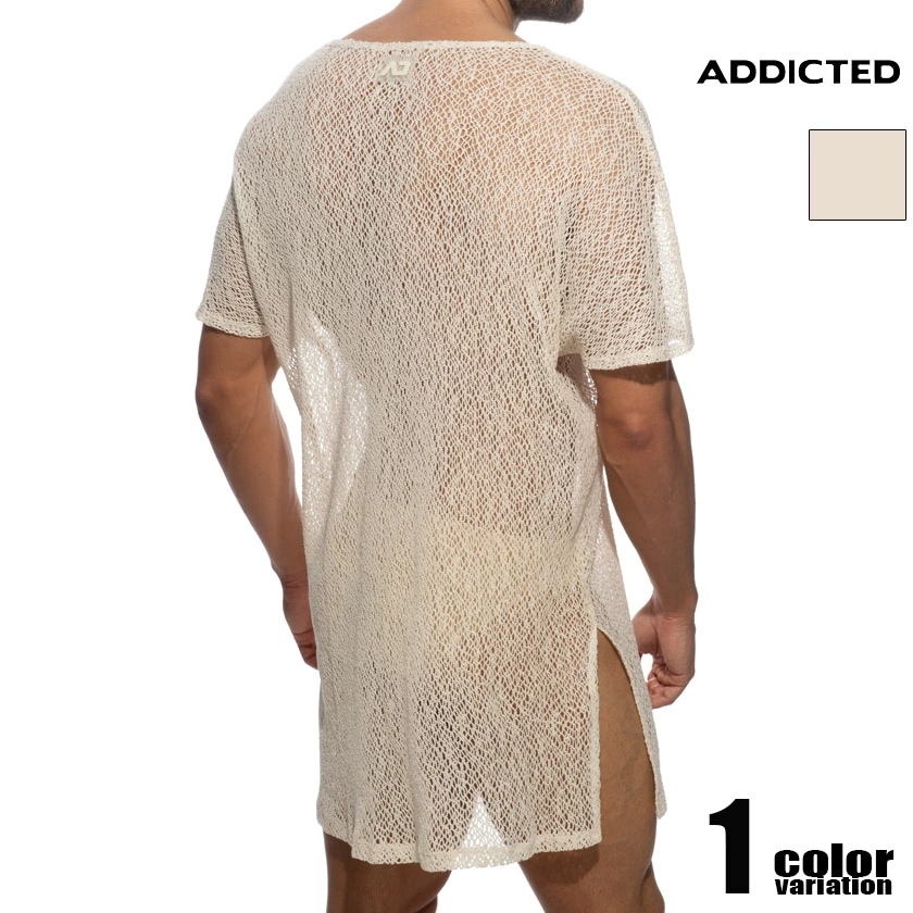 ADDICTED/アディクティッド ECO CHIQUE KNIT DRESS ボヘミアン ロングTシャツ　半袖　メンズ　ファッション　トップス 透け スリット Vネック