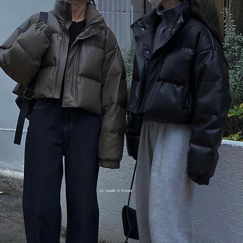 ダーク系ショート丈アウター puレザー ジャケット 服 ゆったり 中綿コート レディース オーバーコート