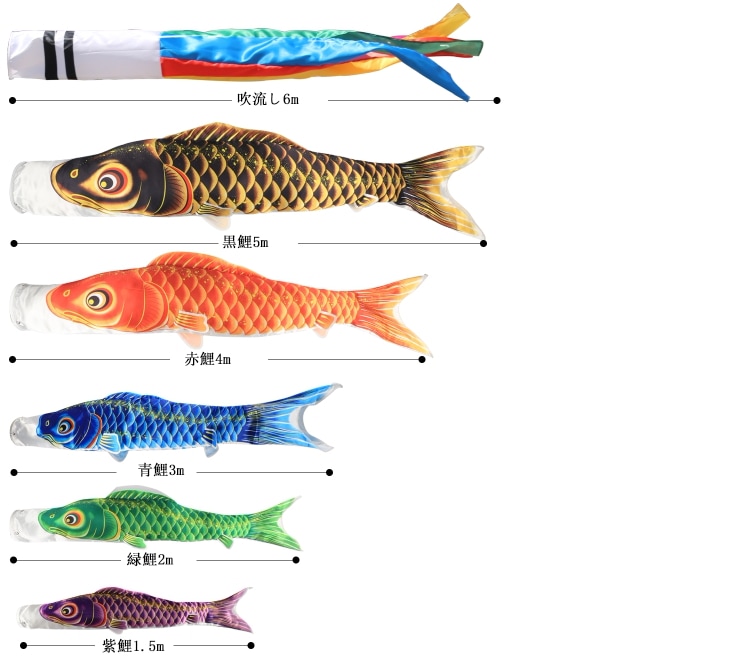 OKBABY 鯉のぼり こいのぼり 6mセット 子供の日 初節句 端午の節句 庭 五色吹流し6m 黒鯉5m 赤鯉4m 青鯉3m 緑鯉2m 紫鯉1.5m 高級ポリエステルサテン使用 撥水加工 【庭園用】