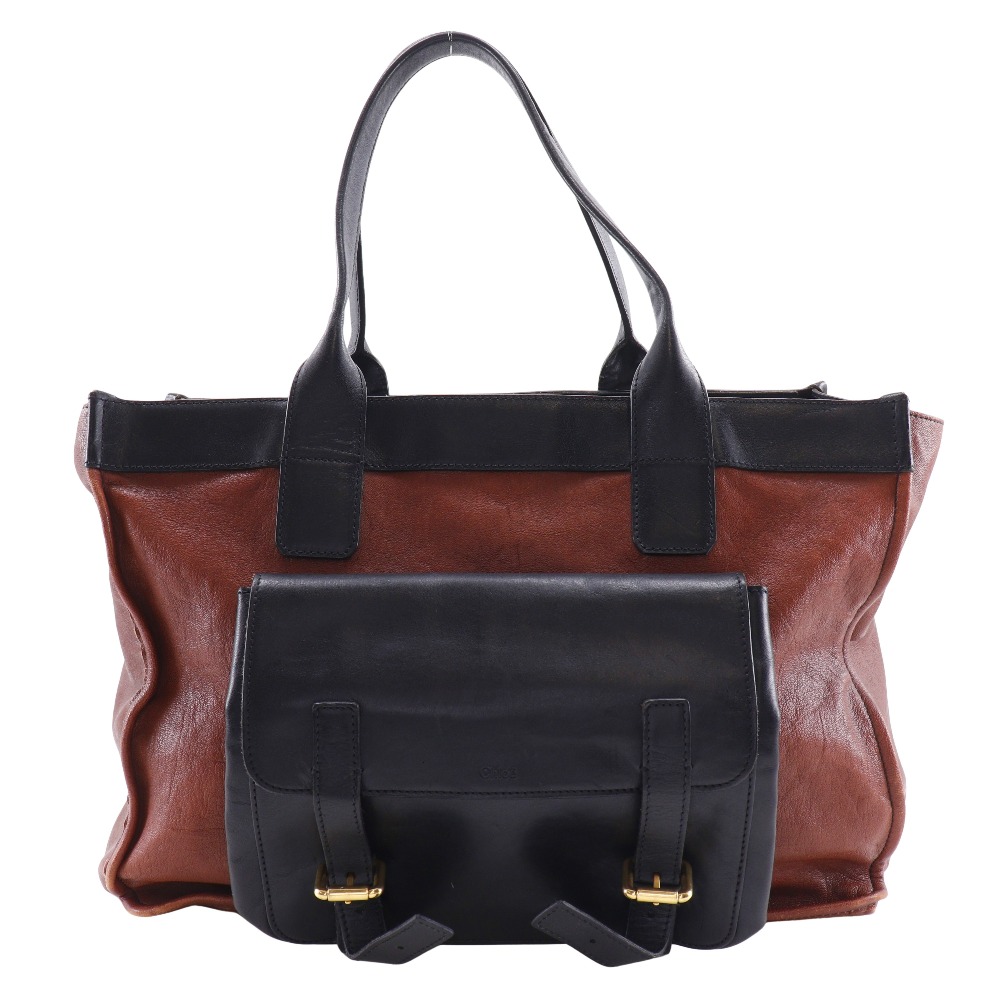 バイカラー 01-13-62-65 トートバッグ レザー 茶 黒 ユニセックス 中古品