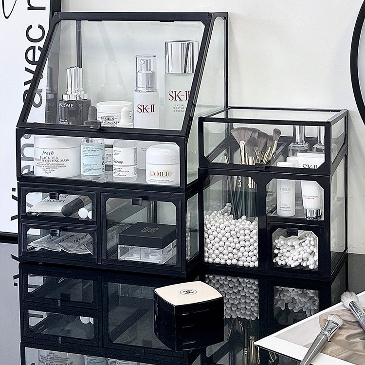 10pscグループ・バイガラス化粧品収納ケース軽贅沢感化粧台スキンケア香水口紅棚透明防塵
