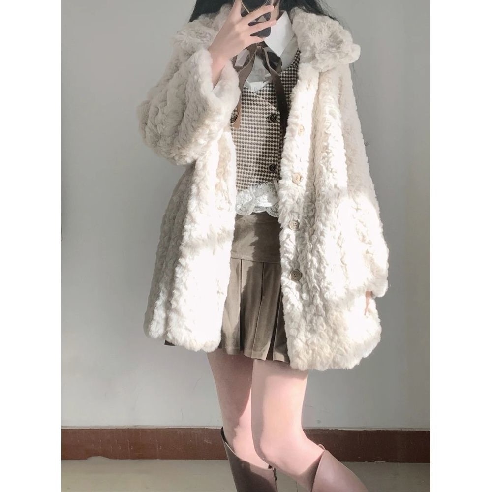 2024冬ファッションラビットファーコートレディースミドル丈厚手暖かい環境に優しい環境に優しい子羊ぬいぐるみ気質コート