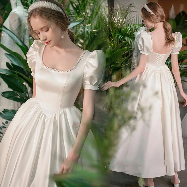 ウェディングドレス 二次会ドレス 白 サテン ロングドレス パール パフスリーブ エレガント 優雅 ホワイトドレス プリンセスドレス ロング Aライン 結婚式ドレス ウェディング ドレス 撮影 XS