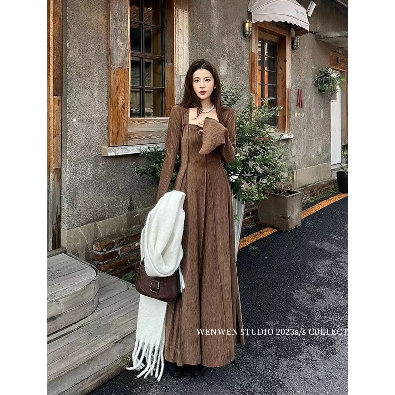 ウェンウェン 23 レトロ長袖ドレスフェミニンなウエスト痩身スプライスロングスカート