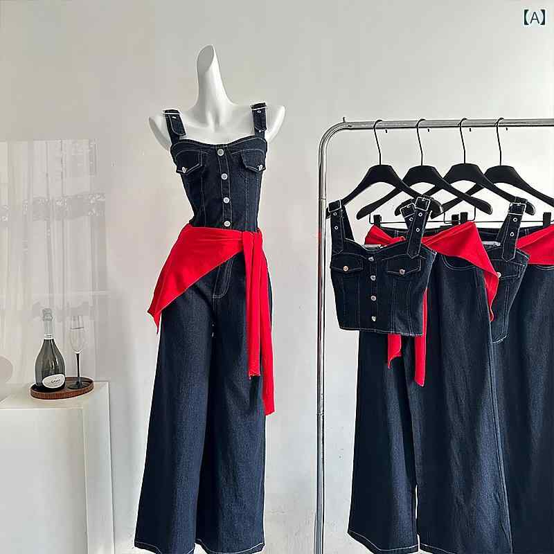 デニム　スタイル　レディース　 明 格 美 アメリカン レトロ ホット ガール デニムスーツ 2025 チューブ トップ フィッシュボーン ジーンズ ツーピース スーツ