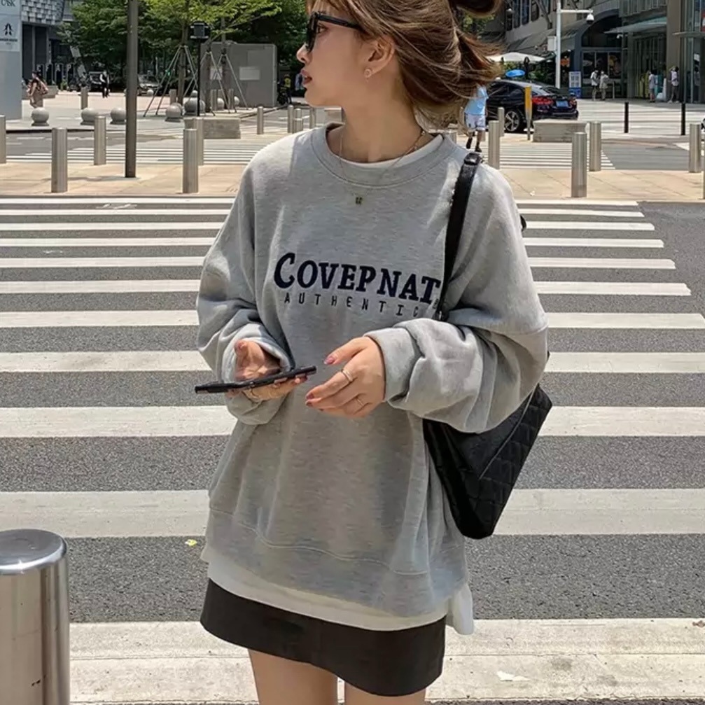 トップス シンプル パーカー フードなし トレーナー スウェット 袖あり 長袖 ドロップショルダー 萌袖 Uネック ラウンドネック クルーネック ストレート 可愛い シンプル カジュアル おしゃれ