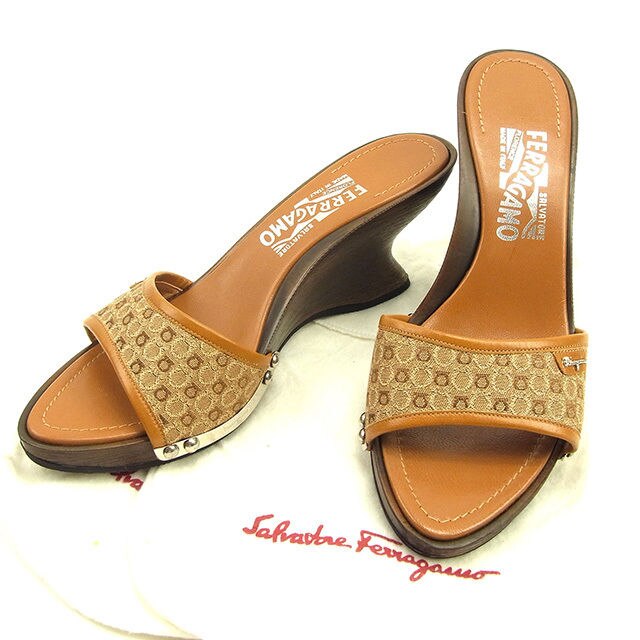 サンダル シューズ 靴 ガンチーニ柄 7C ウェッジソール ベージュ ブラウン シルバー 中古