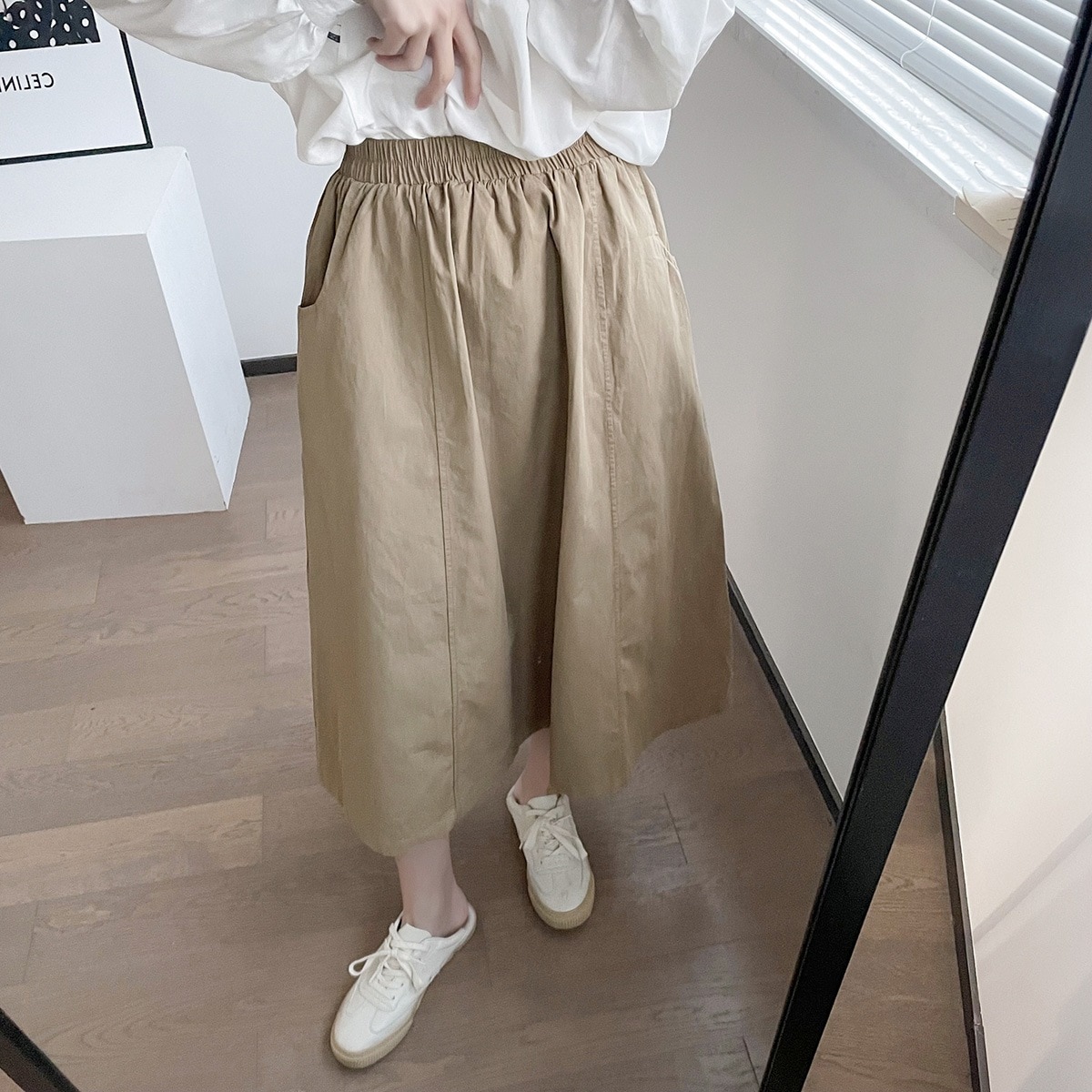 日本製ミドル丈スカート春新作ハイウエストスリムAラインスカート膝上傘スカート 母の日 母の日-0006355