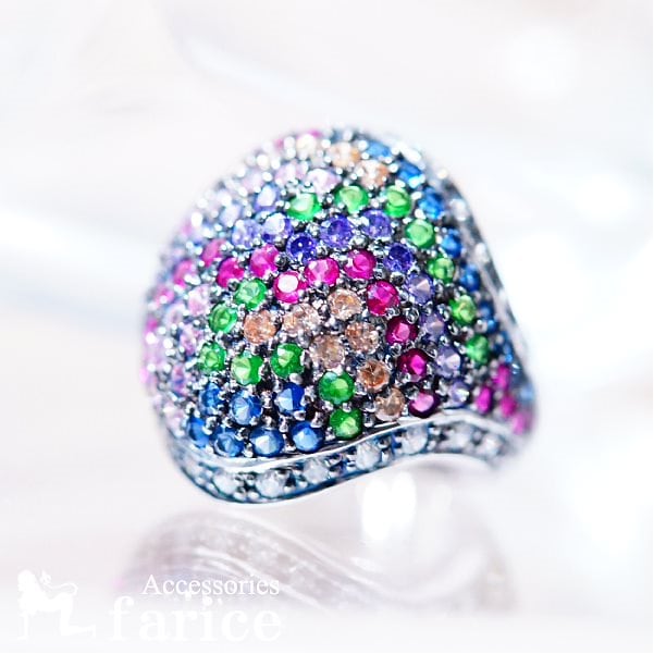 カラフルキュービックジルコニアストーンのゴージャスなパヴェジュエリーリング