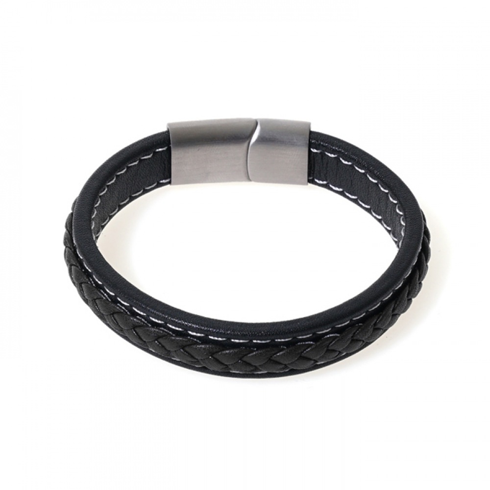 JBANS クラシックステッチダブルイタリアレザーカップルブレスレット (C1701-AC348BK)