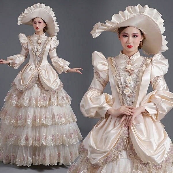 ロングドレス 貴族ドレス お姫様ドレス 中世ヨーロッパ パフスリーブ ティアードスカート レース スタンドカラー 刺繍 ゴージャス 華やか 貴族風 貴婦人 帽子付き 演奏会 舞台衣装 ゴージャス 声楽