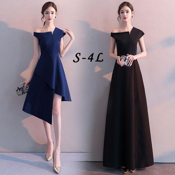 ロングドレス ドレス ワンショルダー 半袖 イレギュラーヘム ミモレ丈 演奏会 ピアノ 発表会 結婚式 体型カバー 謝恩会 合唱団