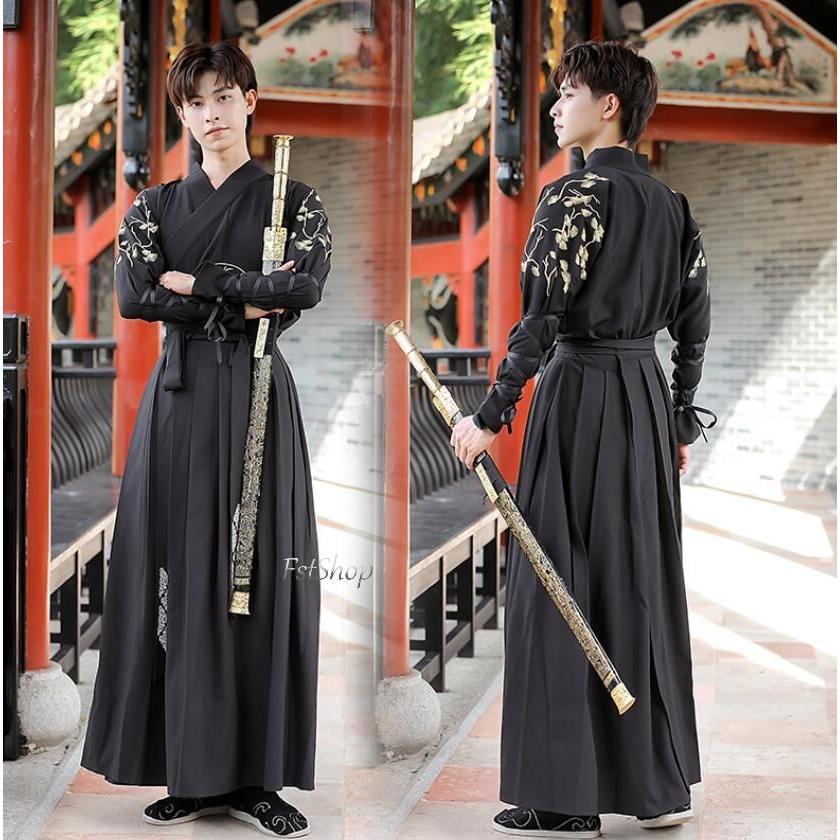 漢服コスプレ服 舞台ステージダンス衣装 唐装 2点セットアップ演出服メンズ レディース古代コスプレ衣装カジュアル大人用 長袖 交差襟コスプレ衣装 トップス 袴