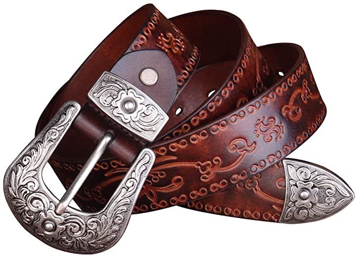Laquest レザー ベルト 唐草柄 型押し 牛革 メンズ 革ベルト(ブラウン, Free Siz 5,899円