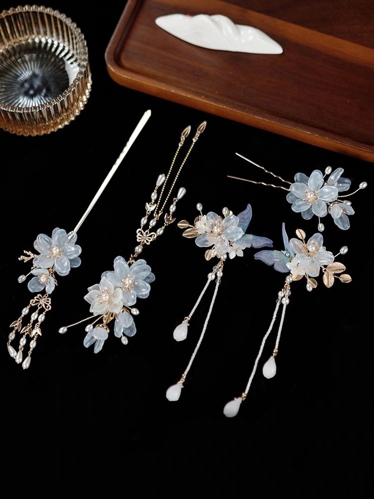 【急速出荷!】ブルー スノー ロータス新風超不滅古代スタイル漢服ヘア アクセサリー セット ペアクリップ風ヘアピン ステップ スイング女性用頭飾りフルセット