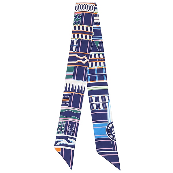 エルメス HERMES スカーフ ツイリー シルク インディゴ×ローズ×マルチカラー 【VOLTES ET PIROUETTES/ヴォルト エ ピルエット】 【箱】【中古】