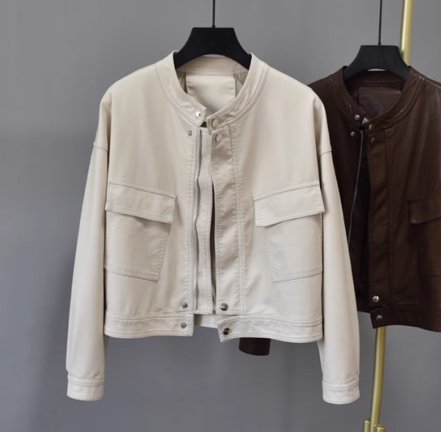 レディース ジャケット アウター レザージャケット ショート ワイド シンプル カジュアル 上品 おしゃれ かっこいい レトロ アジアン こなれ感 ラフ メンズライク マニッシュ ボーイッシュ