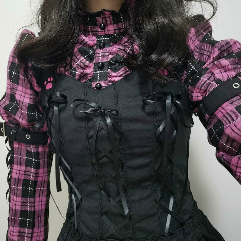 【3日で出荷】ゴシックゴスロリータドレスストリートウェア女性日本のハラジュクチェック柄ダークカワイイかわいいミニシ