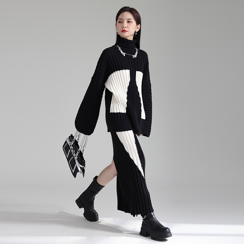 【J.Fashion】 秋冬 上下2セット ニットセット セーター+スカート ニットワンピース レディース 黒白 ドッキング 関連商品は店で購入可能 メガ割セットアップ