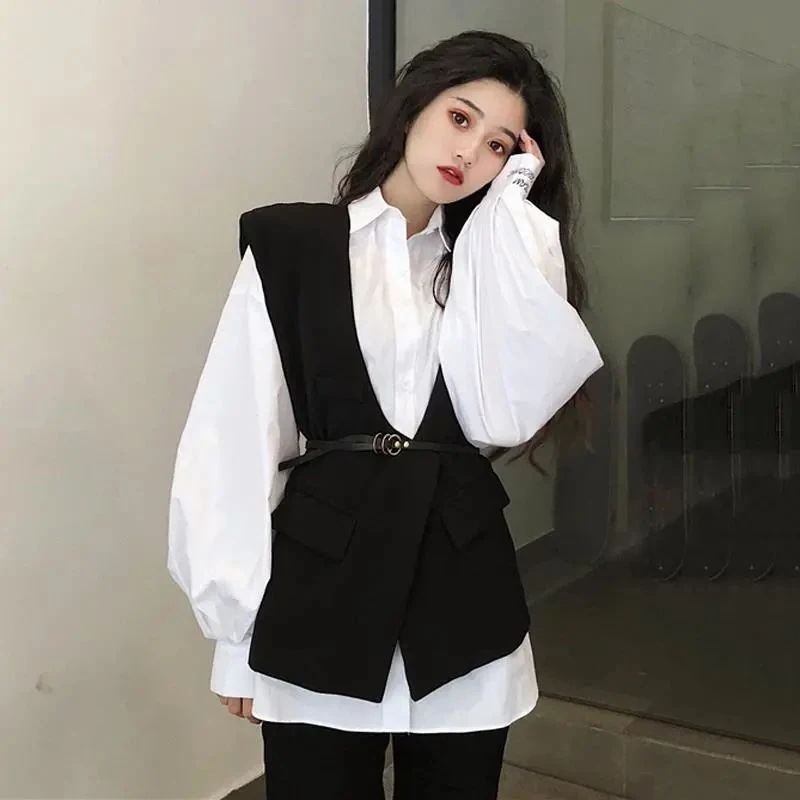 セットアップ白シャツ女性秋新作ヴィンテージベストシンプル万能シャツ馬クリップベスト2点セット