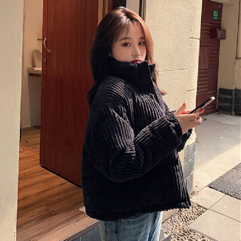 ジャケット ダウン 中綿 ハイネック スタンドカラー コーデュロイ ドローストリング 長袖 大人可愛い シンプル 上品 お洒落 こなれ感 無地