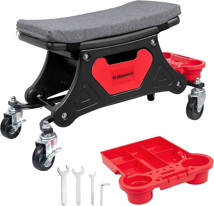メカニックシート ローラーシート 作業椅子 耐荷重150kg トレイ付き マット付き ブレーキ付きキャスター 360回転 ワーキングチェア ツールチェア 洗車椅子 工具入れ(ブラック)