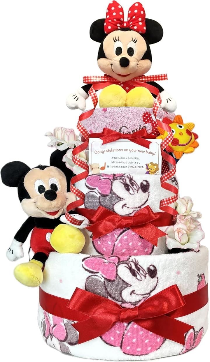 おむつケーキ 女の子 出産祝い 赤ちゃん 誕生日 ベビーシャワー ギフト(ピンク, 3段 Sサイズ)