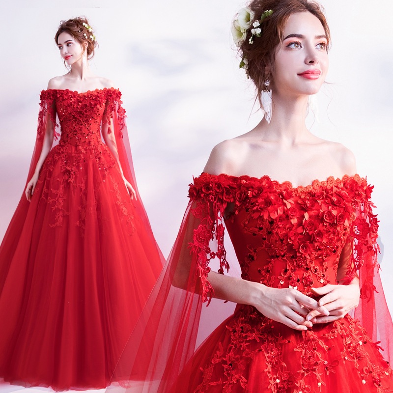 ローズレッドのイブニングドレス ベール長袖 2024年花嫁 ウェディングスタイル チアーズドレス 妖精のイブニングドレス Undress