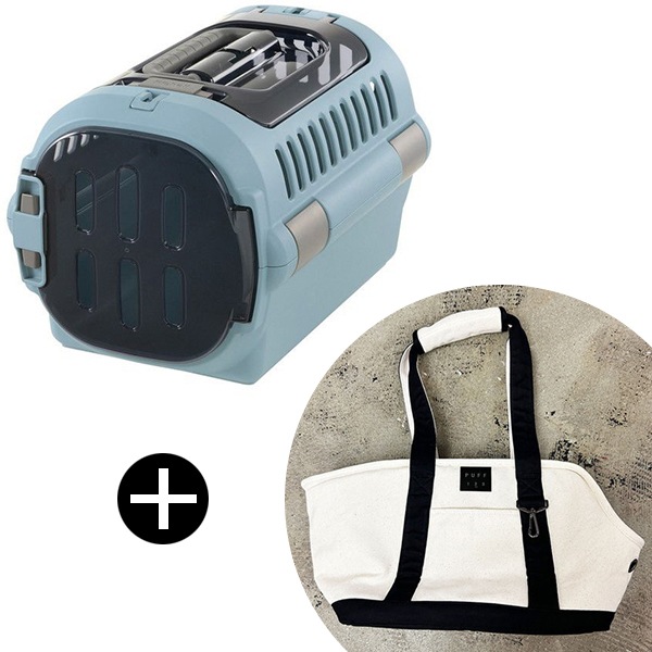 キャンピングキャリーファイン ダブルドア S ブルー + PUFF pet carry canvas tote M P24002-15 ブラック ペットキャリー セット