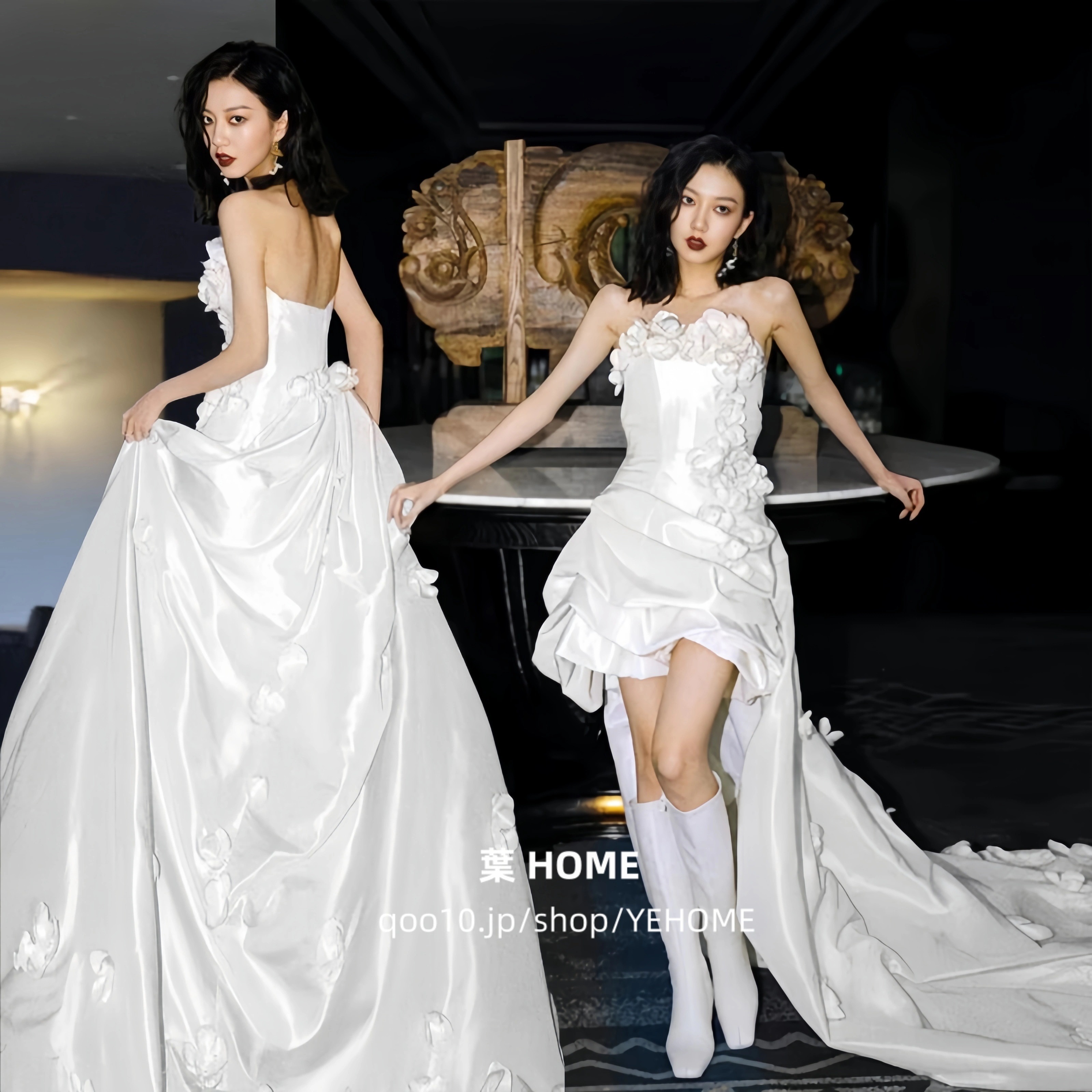 ウェディングドレス スレンダー 前は短く後ろは長いドレス 花嫁 ホワイトドレス 披露宴 二次会 前撮り 白ワンピース ドレス 立体花 フォトウエディング ロングドレス 大人 大きいサイズ