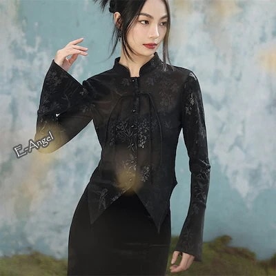 【本日限定】スタン トップス 透け感 ラパ袖 長袖 レディース 黒色 カーディガン シャツ チャイナトップス 品質良い! 4,836円