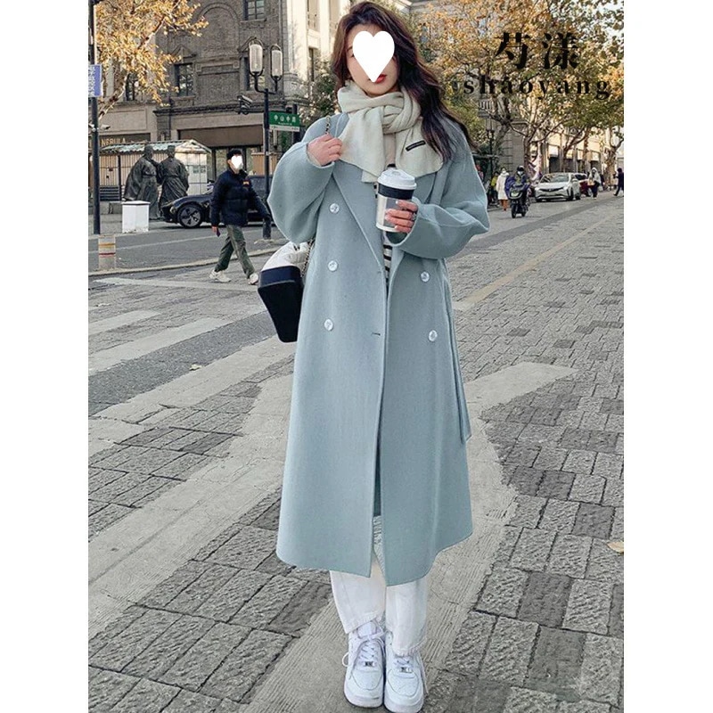 ピオニーブルーの両面フリースコート（レディース）秋冬新作韓国風ルーズフィットミドル丈膝上丈ウールコート