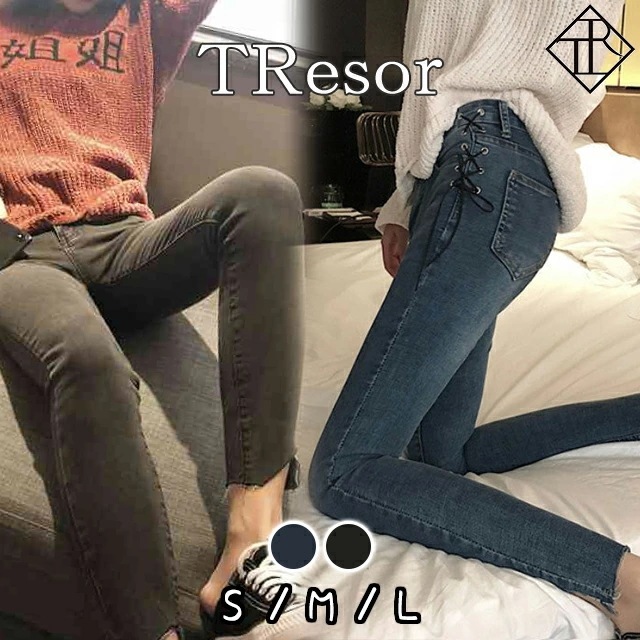 【即納】パンツ レディース ガウチョパンツ ボトムス ズボン 大きいサイズ ゴム紐 楽ちん レディース スキニーパンツ デニムパンツ ジーンズ 切りっぱなし カットオフ アンクル丈 レースアップ リ