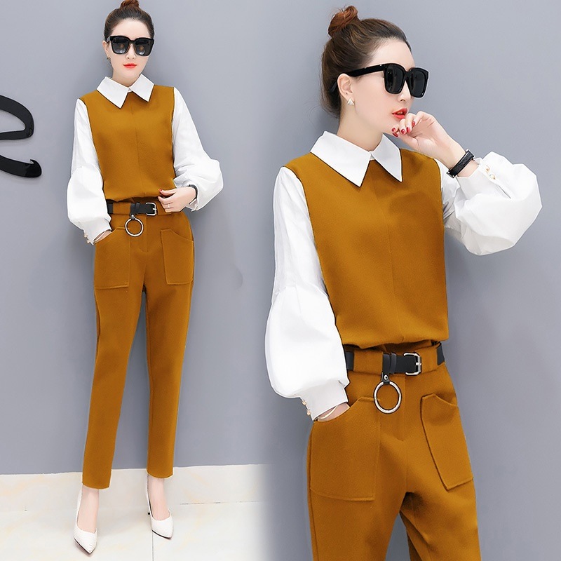 921.バイカラーシャツブラウス＆パンツセットアップ（マスタード）