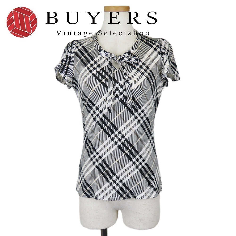 中古 半袖Tシャツ ノバチェック 38 コットン ホワイト ブラック タイリボン カットソー レディース 女性