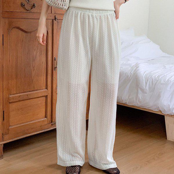Hスタイル(PT)レースニットレイヤードパンツ 夏 女性 バンディングパンツ スラックス ワイドパンツ ストレートパンツ 休暇