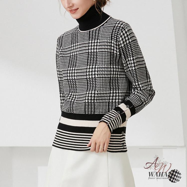 即納ありゴルフウェア レディース ニット ゴルフウエア トップス セーター 千鳥格子 ボーダー ゴルフ ウエア トリコロール ライン ハイネック あったか