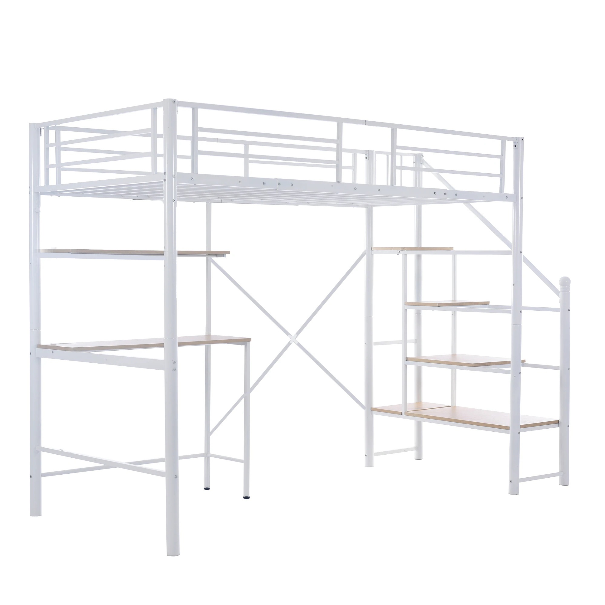 ロフトベッド シングル 階段付き パイプベッド デスク付き 北欧風 コンセント付き 収納 子供ベッド 耐震 ベッド パイプ 金属 昇降らくらく 高さ170cm 耐荷重150kg 1